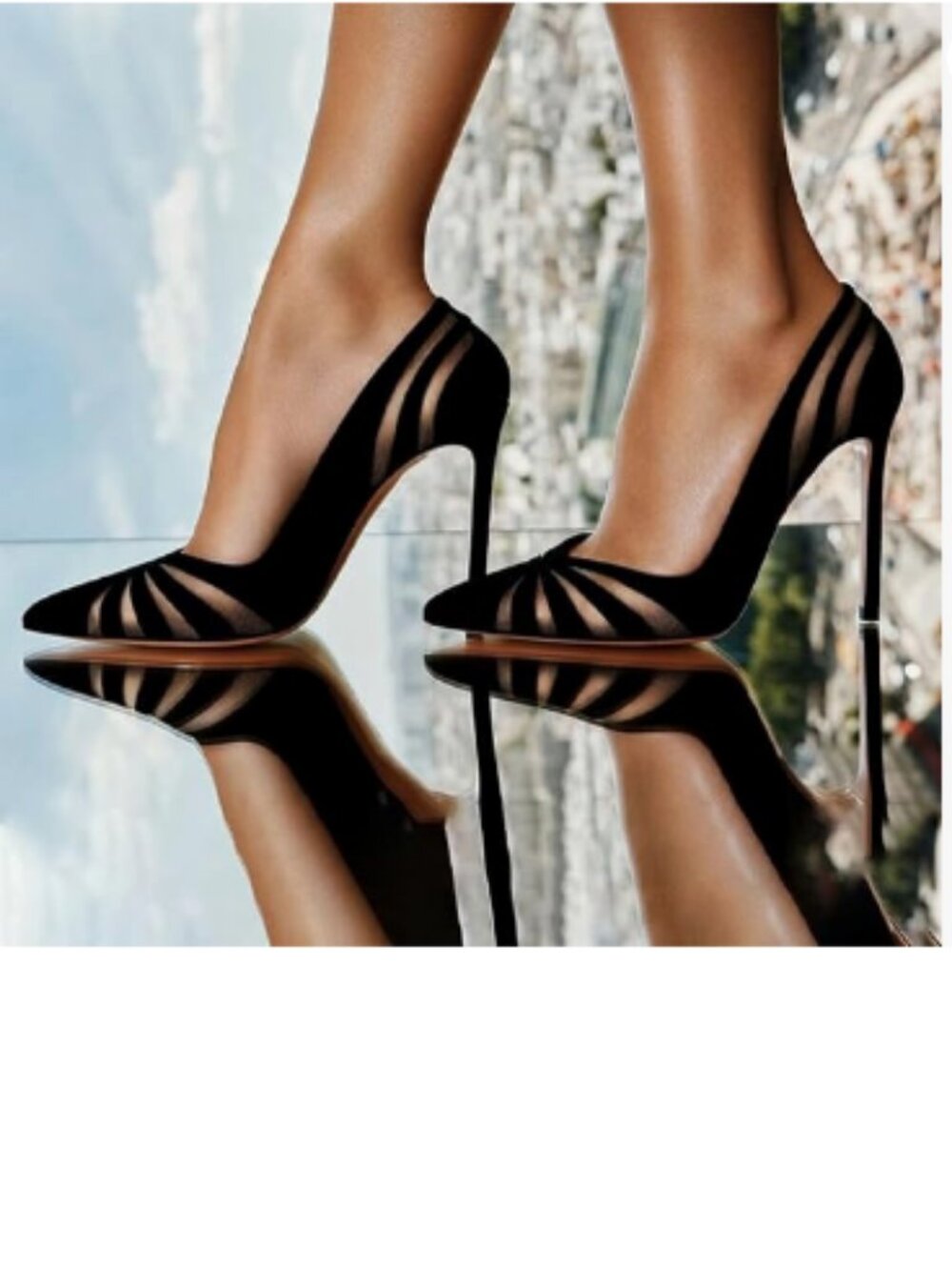 FSJ Black Sexy Mesh Stiletto High Heels Pumps Pointed Toe Slip On Dress Shoes